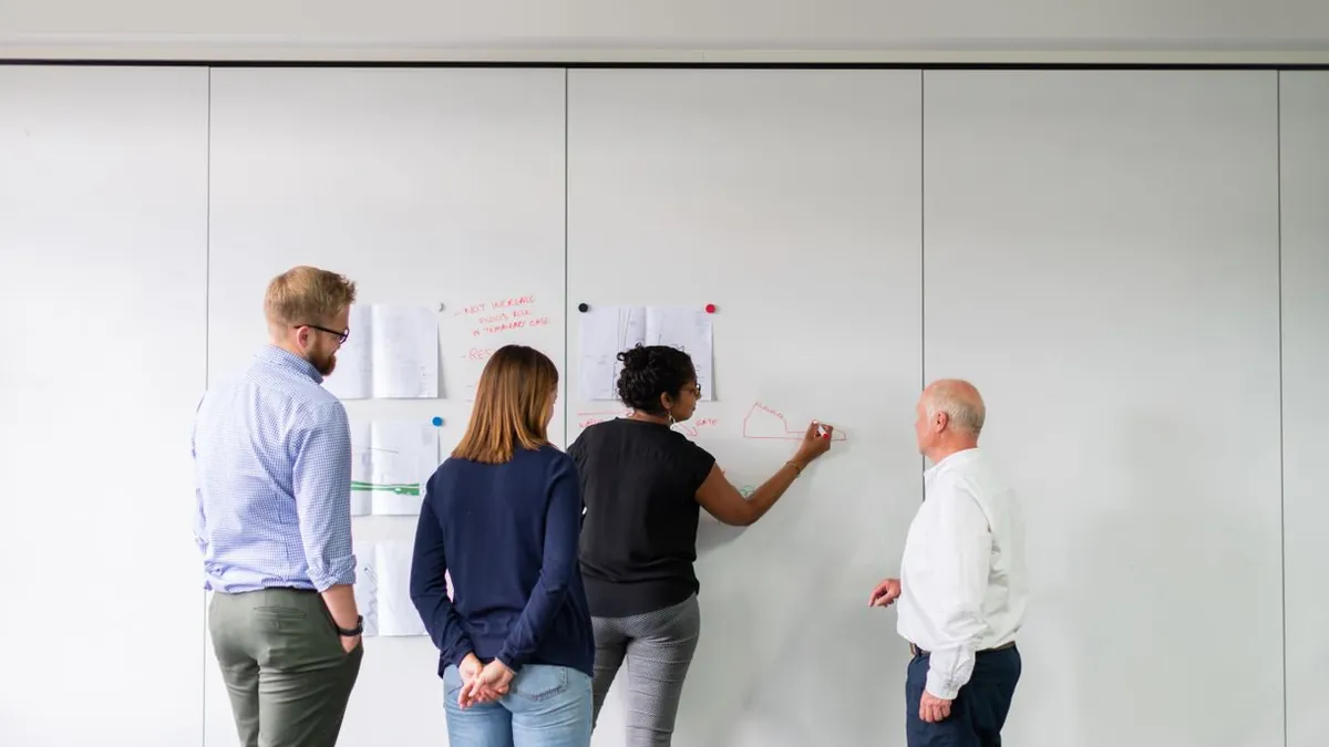A team scoping work at a whiteboard